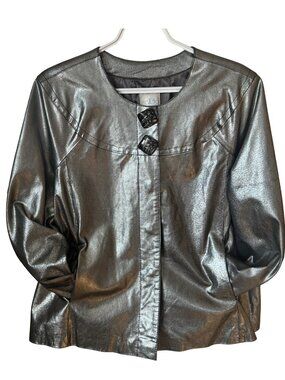 Rare Metallic Leather Jacket Satin Lined 1980's Alice Blue Woman Vintage Large